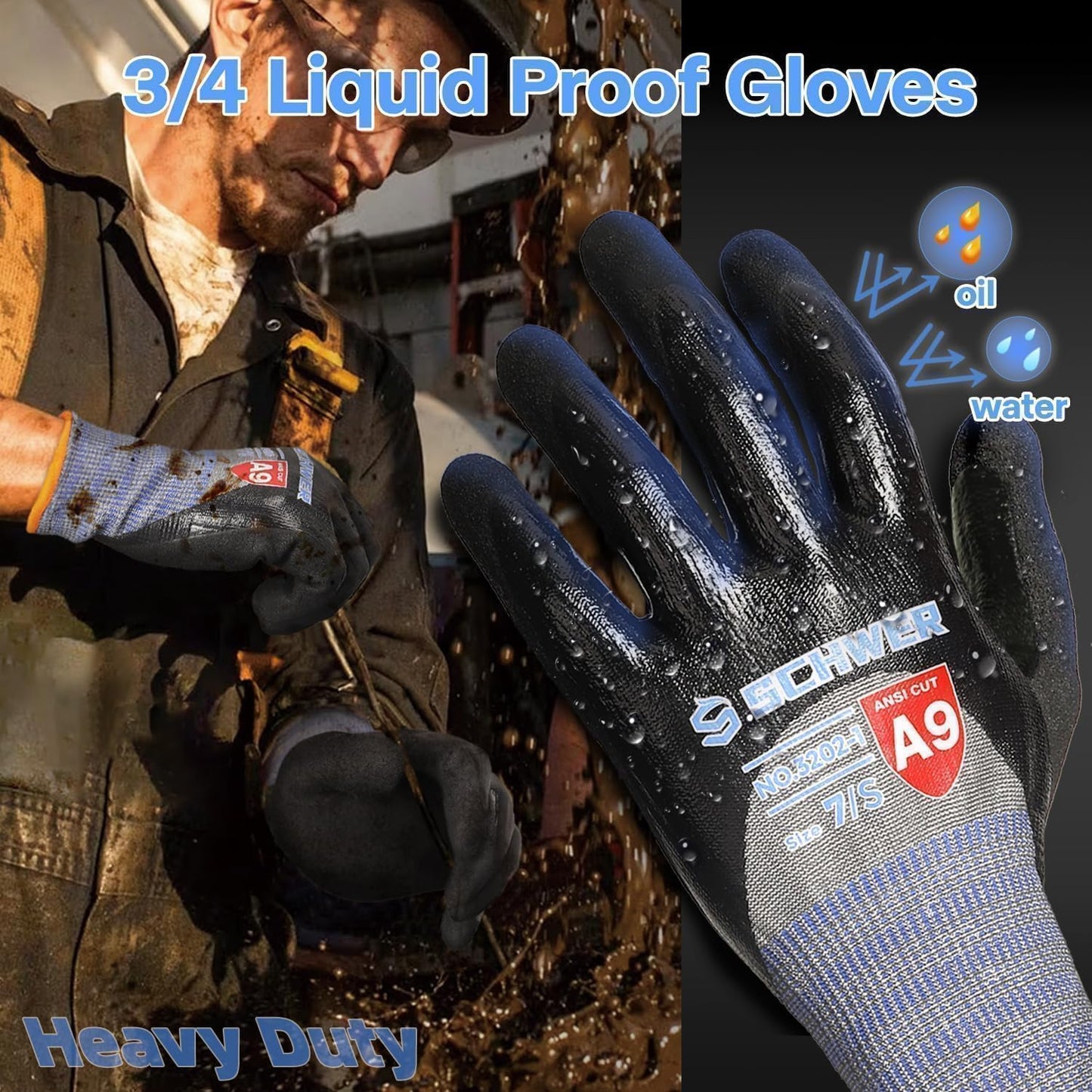 A9 Cut Resistant Work Gloves, 3/4 Double-Dipped Coating, PM3202, M | Level 5 Abrasion, Level 4 Puncture Resistant, 3/4 Water & Oil Proof, Strong Grip, 18 Gauge, Touchscreen, Durable, Heavy Duty