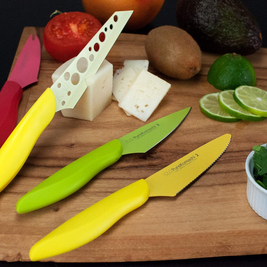 Pure Komachi 2 4.5” Cheese Knife | Hand-Sharpened Japanese Kitchen Knife, Yellow Carbon Coated Stainless Steel Blade, Polypropylene Handle