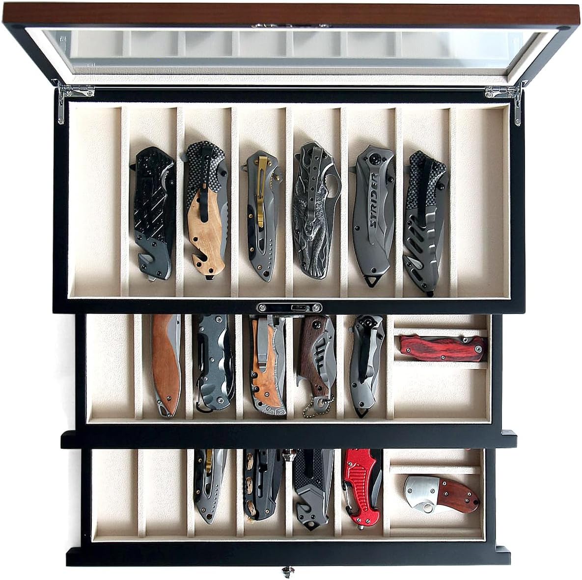 Pocket Knife Display Case for men collection holder 22-26 folding knife with Walnut Finish Three-Tier Knife organizer storage box with Real Glass Window Top (walnut veneer with 2 draw)
