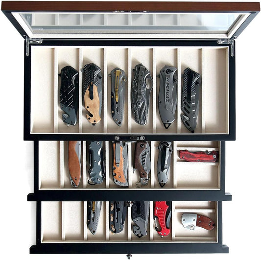 Pocket Knife Display Case for men collection holder 22-26 folding knife with Walnut Finish Three-Tier Knife organizer storage box with Real Glass Window Top (walnut veneer with 2 draw)