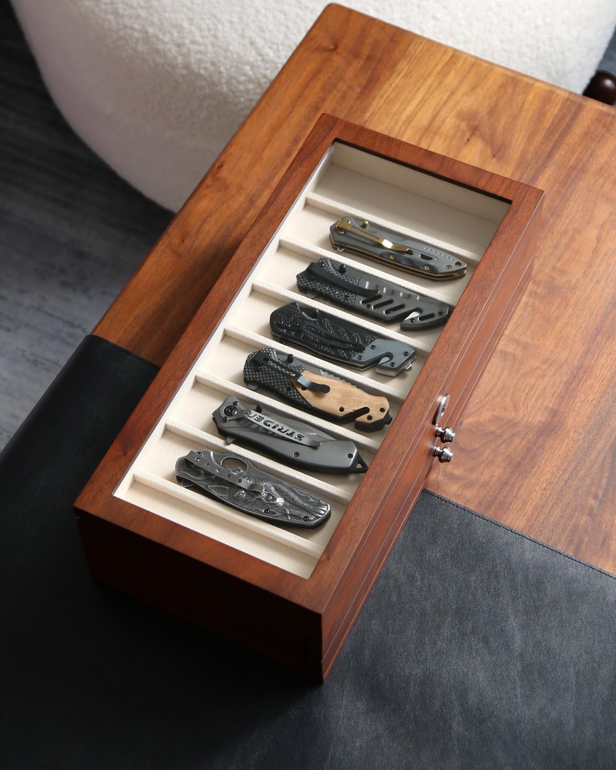 Pocket Knife Display Case for men collection holder 22-26 folding knife with Walnut Finish Three-Tier Knife organizer storage box with Real Glass Window Top (walnut veneer with 2 draw)