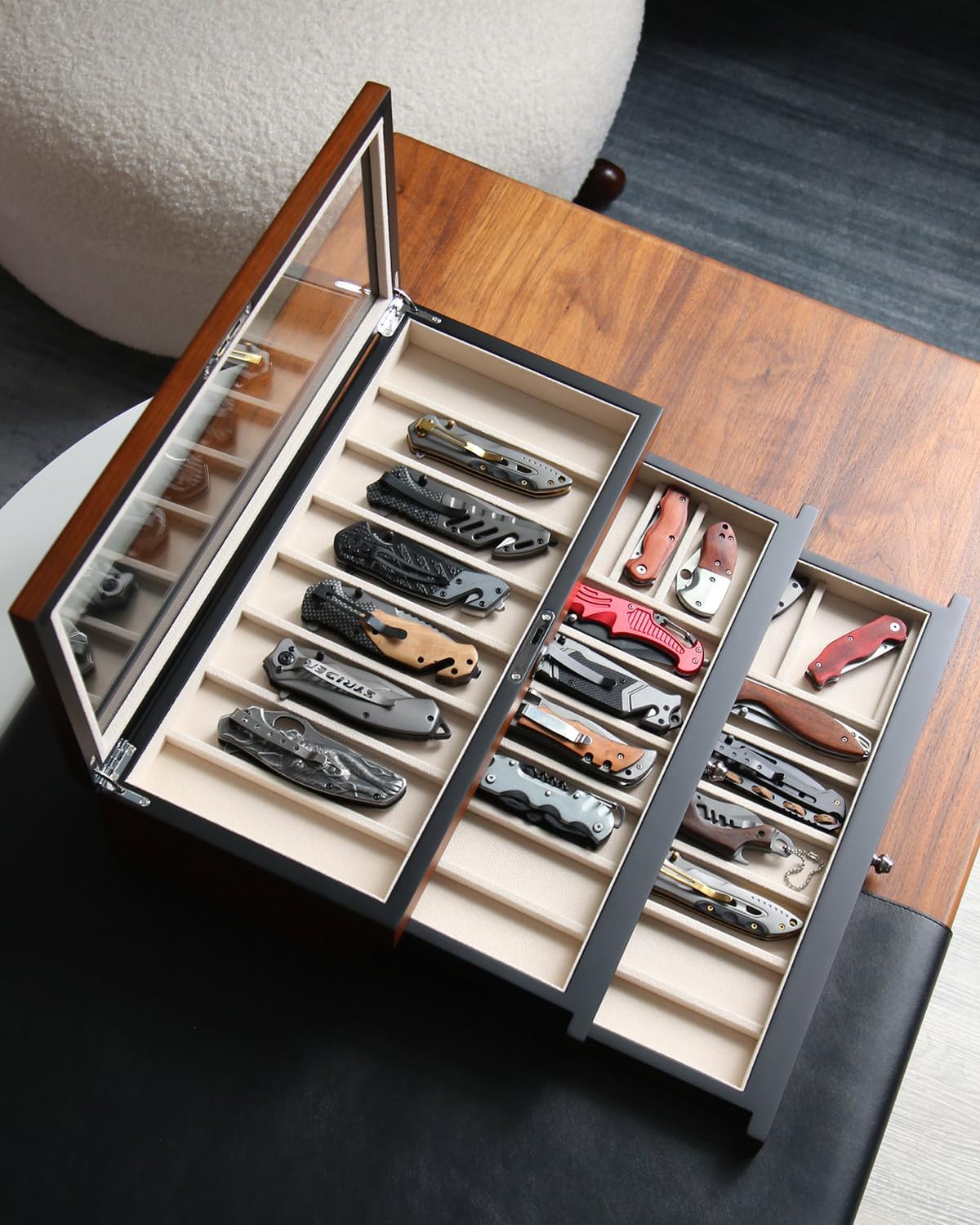 Pocket Knife Display Case for men collection holder 22-26 folding knife with Walnut Finish Three-Tier Knife organizer storage box with Real Glass Window Top (walnut veneer with 2 draw)