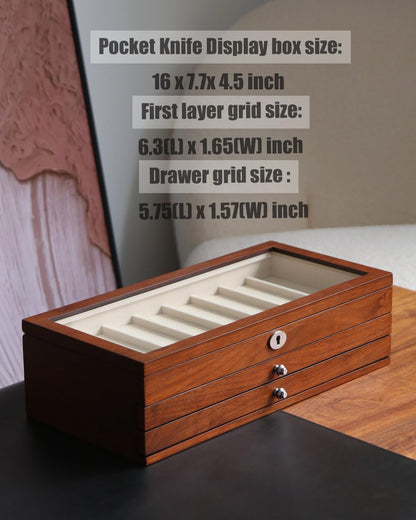 Pocket Knife Display Case for men collection holder 22-26 folding knife with Walnut Finish Three-Tier Knife organizer storage box with Real Glass Window Top (walnut veneer with 2 draw)