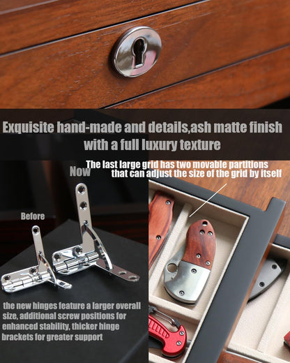 Pocket Knife Display Case for men collection holder 22-26 folding knife with Walnut Finish Three-Tier Knife organizer storage box with Real Glass Window Top (walnut veneer with 2 draw)