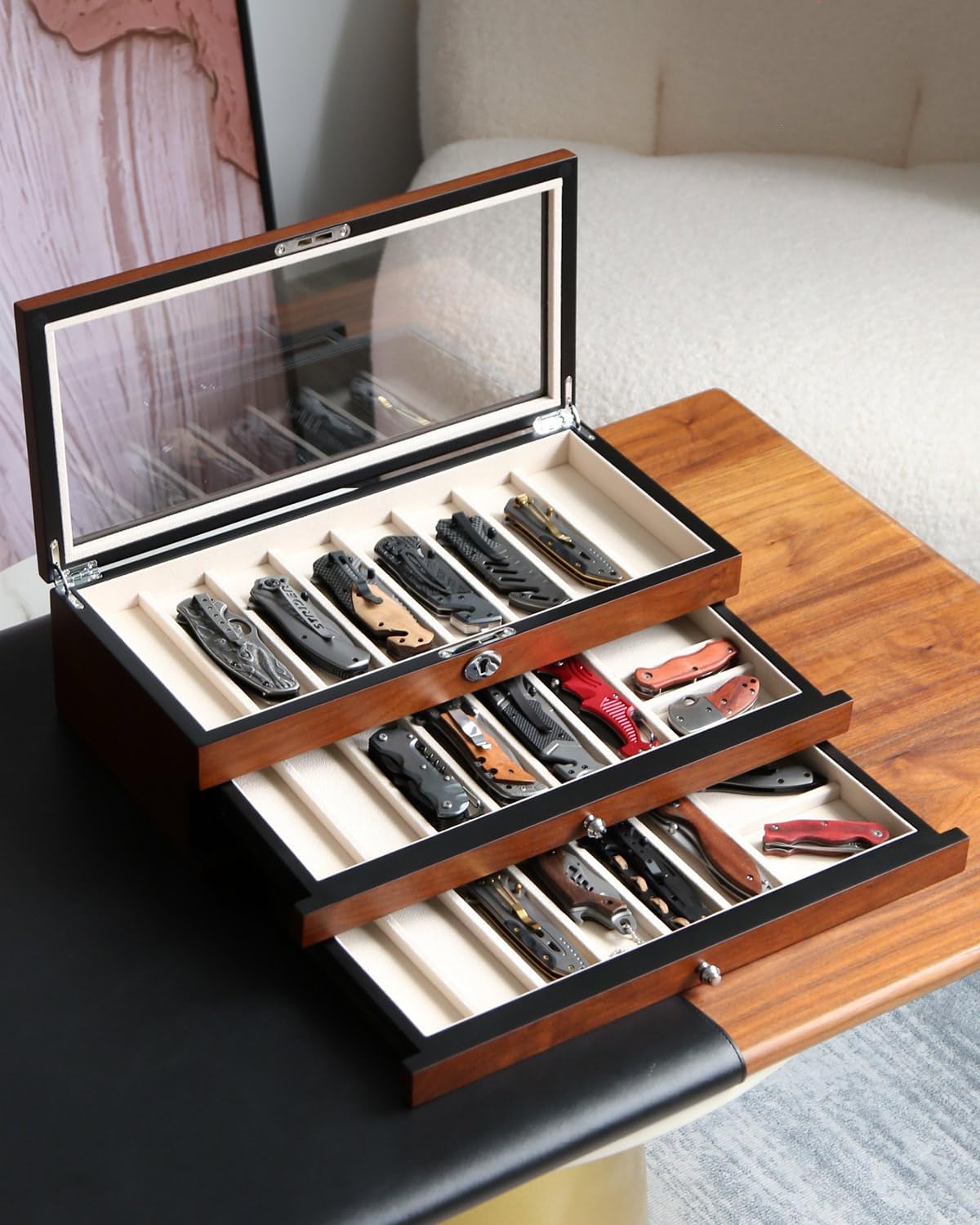 Pocket Knife Display Case for men collection holder 22-26 folding knife with Walnut Finish Three-Tier Knife organizer storage box with Real Glass Window Top (walnut veneer with 2 draw)