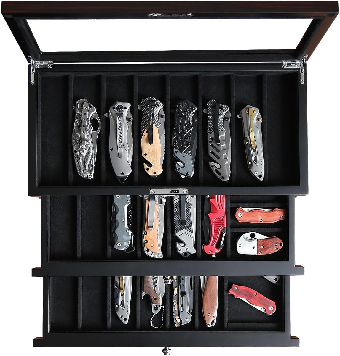 Pocket Knife Display Case for men collection holder 22-26 folding knife with Walnut Finish Three-Tier Knife organizer storage box with Real Glass Window Top (walnut veneer with 2 draw)