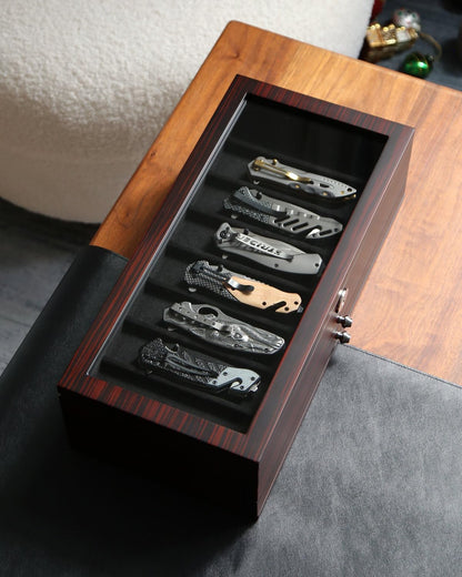 Pocket Knife Display Case for men collection holder 22-26 folding knife with Walnut Finish Three-Tier Knife organizer storage box with Real Glass Window Top (walnut veneer with 2 draw)