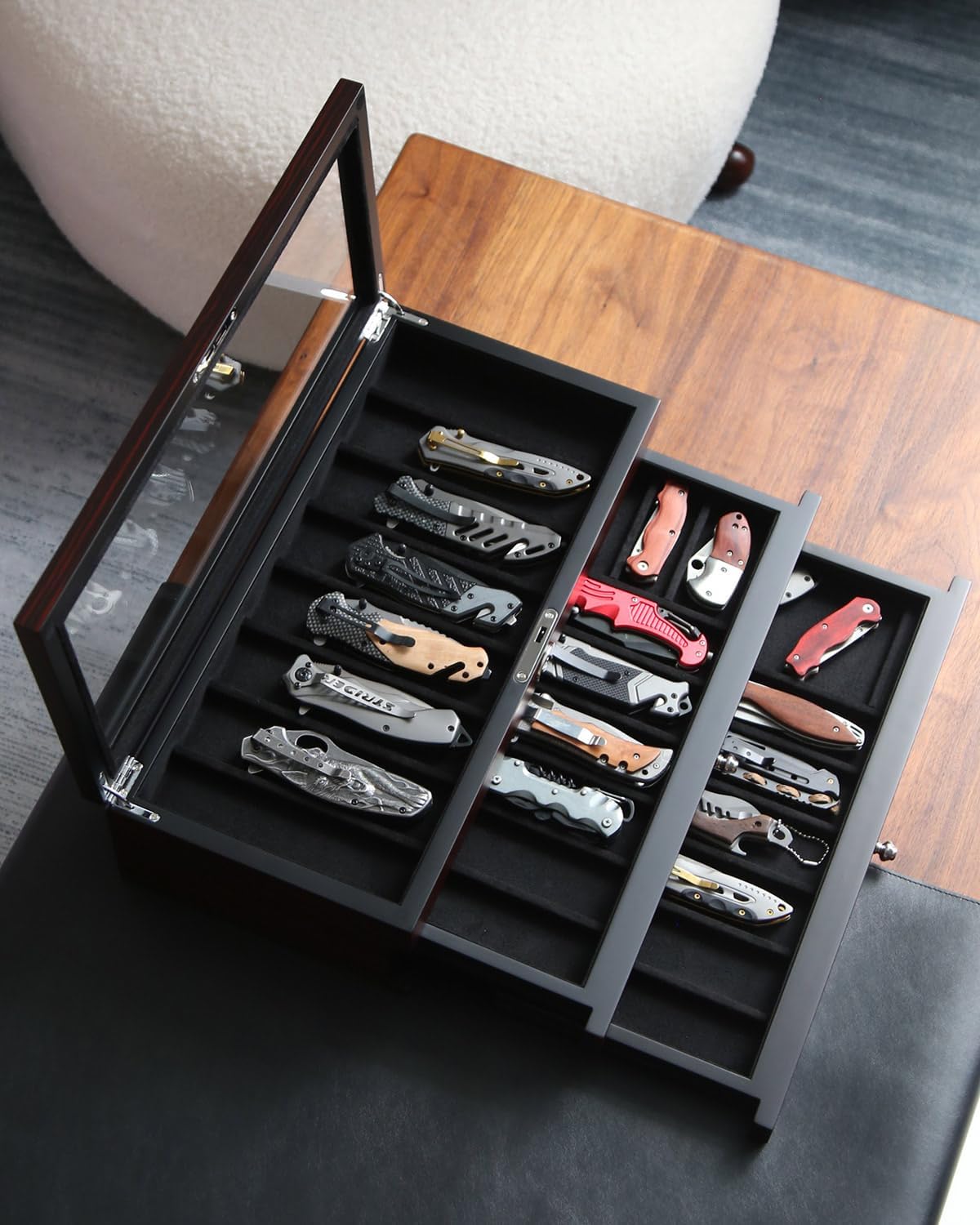 Pocket Knife Display Case for men collection holder 22-26 folding knife with Walnut Finish Three-Tier Knife organizer storage box with Real Glass Window Top (walnut veneer with 2 draw)