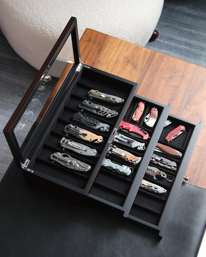 Pocket Knife Display Case for men collection holder 22-26 folding knife with Walnut Finish Three-Tier Knife organizer storage box with Real Glass Window Top (walnut veneer with 2 draw)