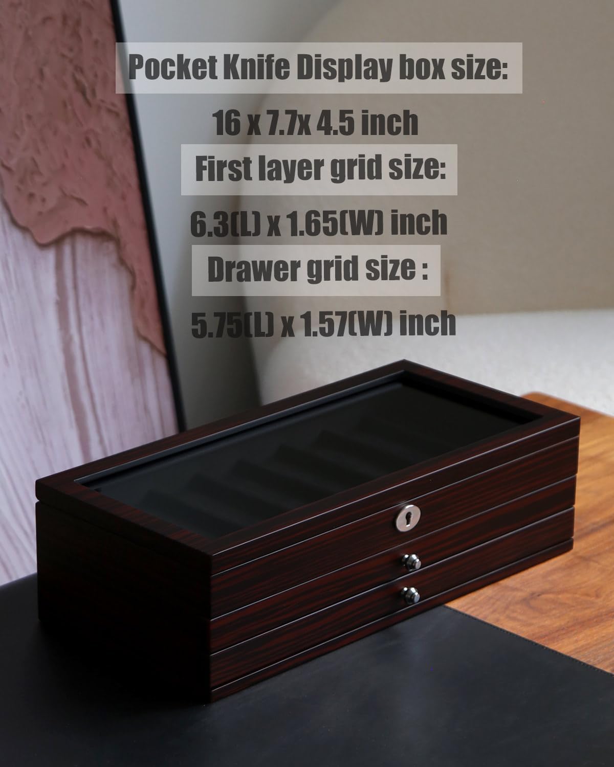 Pocket Knife Display Case for men collection holder 22-26 folding knife with Walnut Finish Three-Tier Knife organizer storage box with Real Glass Window Top (walnut veneer with 2 draw)