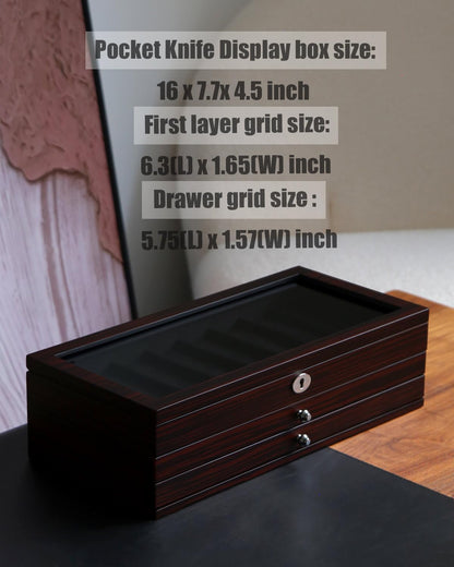 Pocket Knife Display Case for men collection holder 22-26 folding knife with Walnut Finish Three-Tier Knife organizer storage box with Real Glass Window Top (walnut veneer with 2 draw)
