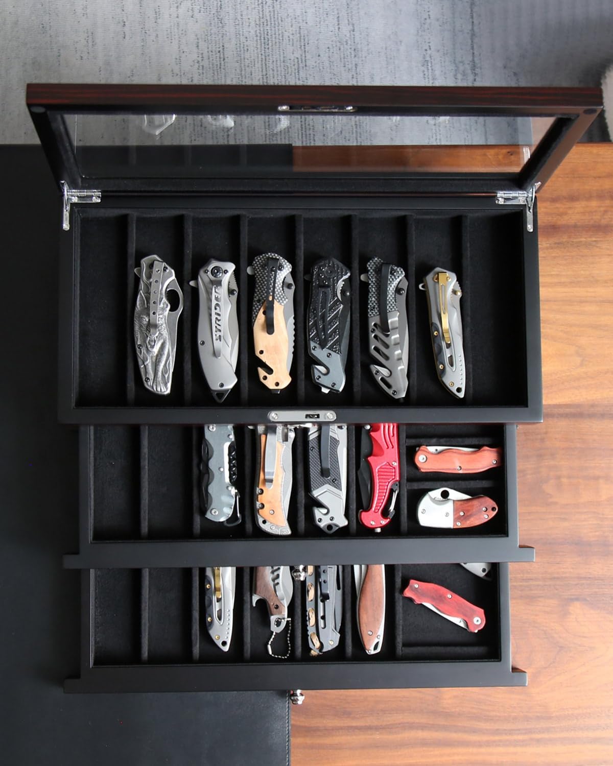 Pocket Knife Display Case for men collection holder 22-26 folding knife with Walnut Finish Three-Tier Knife organizer storage box with Real Glass Window Top (walnut veneer with 2 draw)
