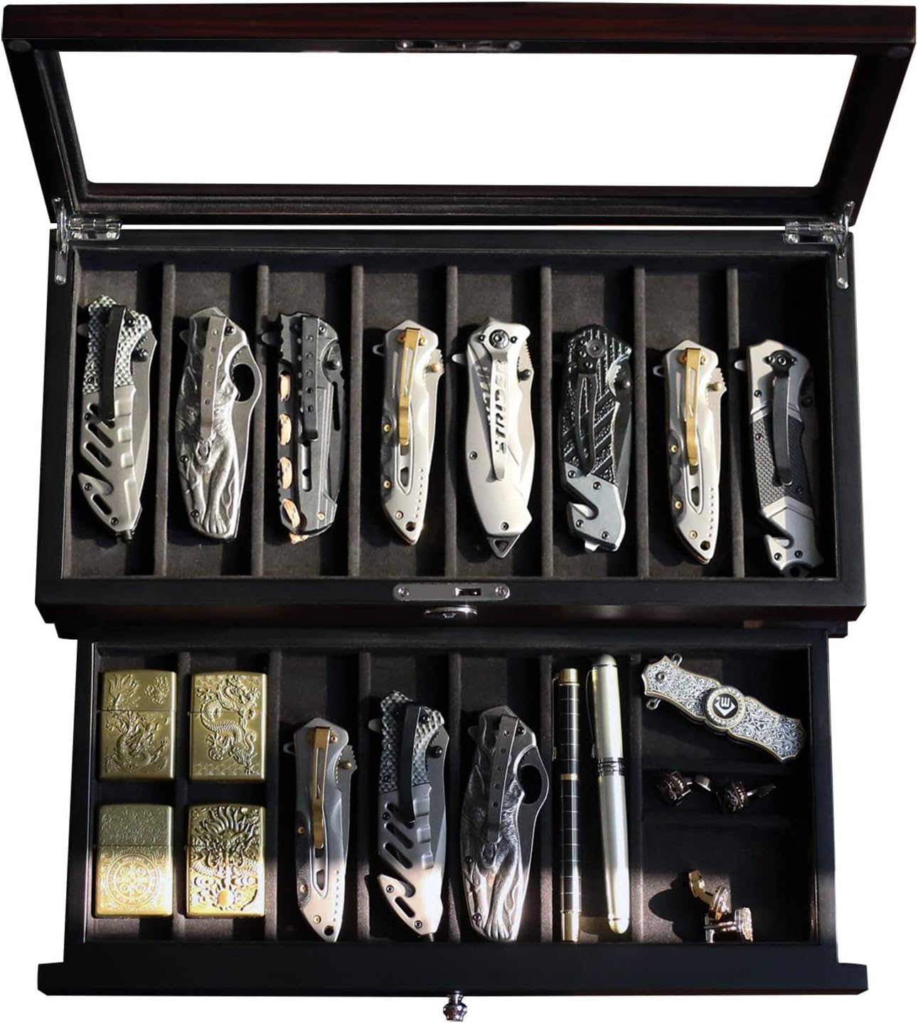 Pocket Knife Display Case for men collection holder 22-26 folding knife with Walnut Finish Three-Tier Knife organizer storage box with Real Glass Window Top (walnut veneer with 2 draw)