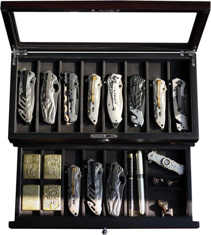Pocket Knife Display Case for men collection holder 22-26 folding knife with Walnut Finish Three-Tier Knife organizer storage box with Real Glass Window Top (walnut veneer with 2 draw)