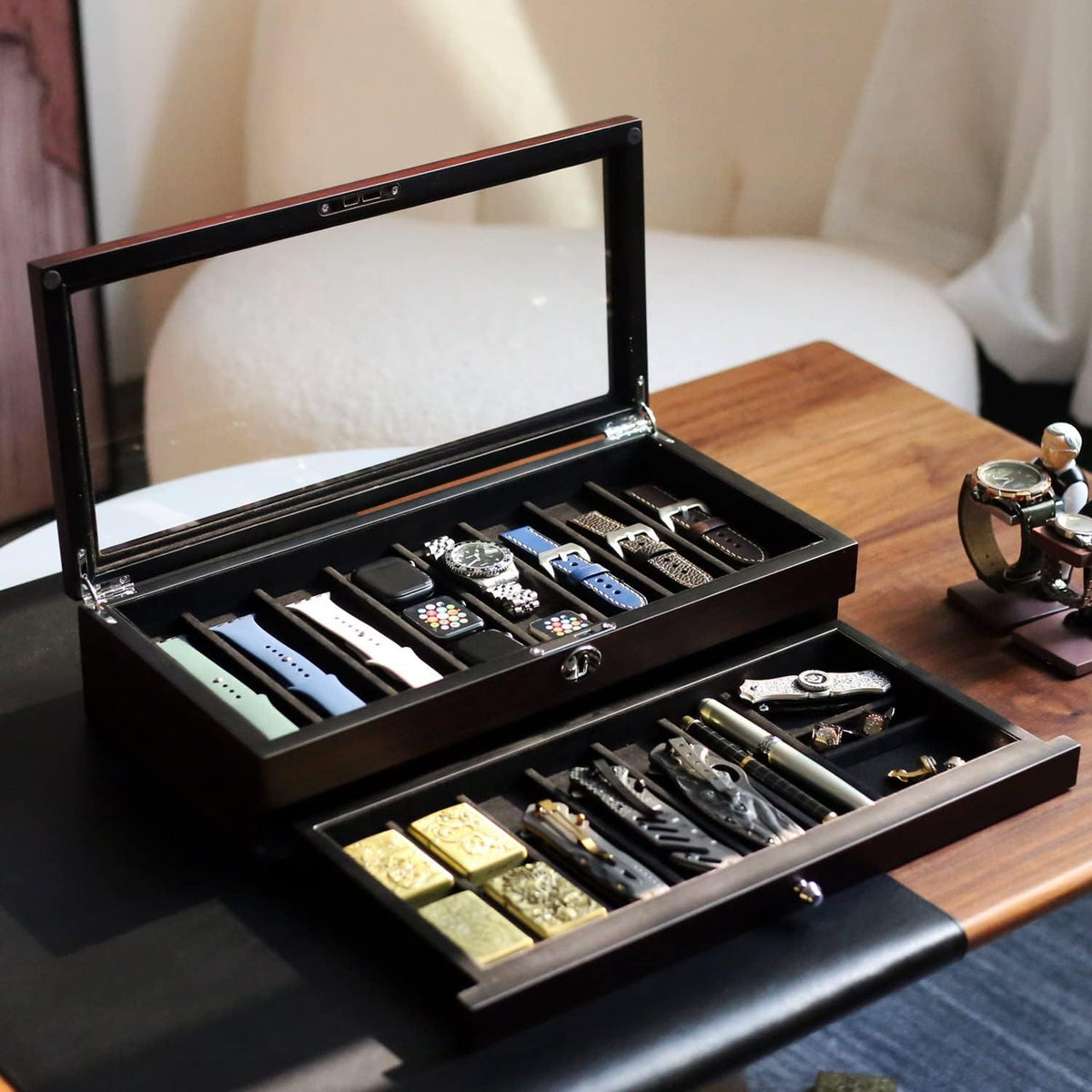 Pocket Knife Display Case for men collection holder 22-26 folding knife with Walnut Finish Three-Tier Knife organizer storage box with Real Glass Window Top (walnut veneer with 2 draw)