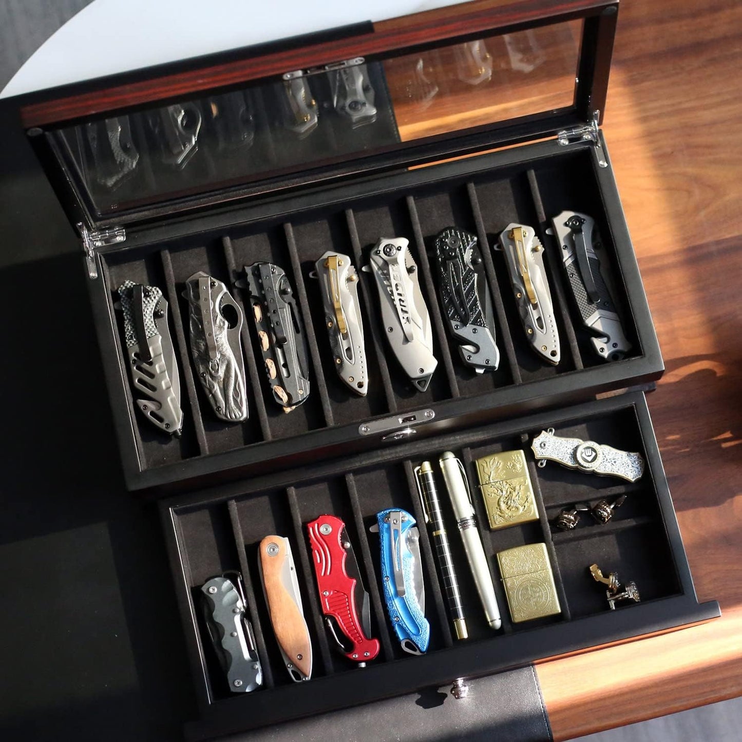 Pocket Knife Display Case for men collection holder 22-26 folding knife with Walnut Finish Three-Tier Knife organizer storage box with Real Glass Window Top (walnut veneer with 2 draw)