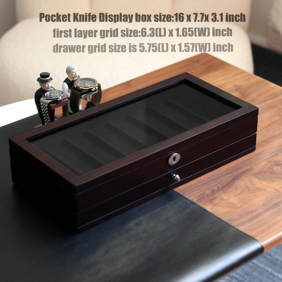 Pocket Knife Display Case for men collection holder 22-26 folding knife with Walnut Finish Three-Tier Knife organizer storage box with Real Glass Window Top (walnut veneer with 2 draw)