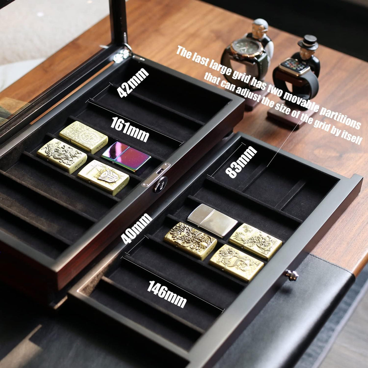 Pocket Knife Display Case for men collection holder 22-26 folding knife with Walnut Finish Three-Tier Knife organizer storage box with Real Glass Window Top (walnut veneer with 2 draw)