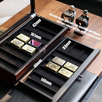 Pocket Knife Display Case for men collection holder 22-26 folding knife with Walnut Finish Three-Tier Knife organizer storage box with Real Glass Window Top (walnut veneer with 2 draw)