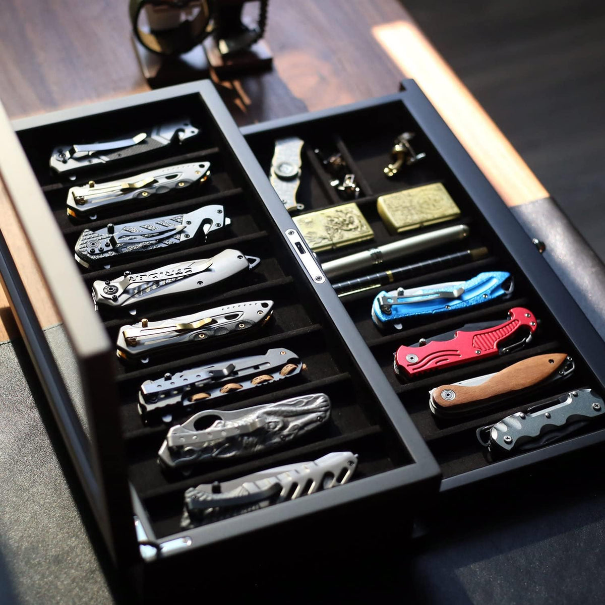 Pocket Knife Display Case for men collection holder 22-26 folding knife with Walnut Finish Three-Tier Knife organizer storage box with Real Glass Window Top (walnut veneer with 2 draw)