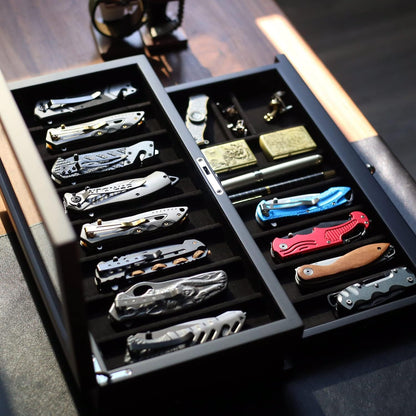 Pocket Knife Display Case for men collection holder 22-26 folding knife with Walnut Finish Three-Tier Knife organizer storage box with Real Glass Window Top (walnut veneer with 2 draw)