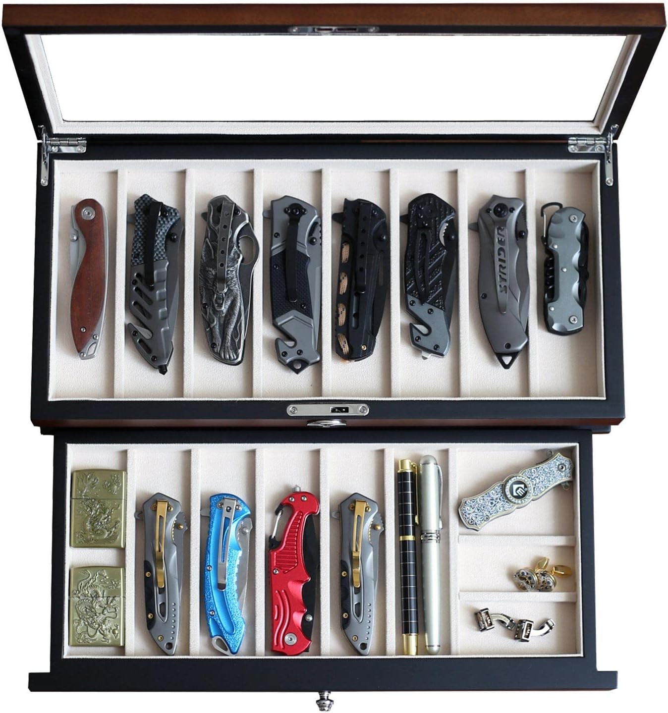 Pocket Knife Display Case for men collection holder 22-26 folding knife with Walnut Finish Three-Tier Knife organizer storage box with Real Glass Window Top (walnut veneer with 2 draw)