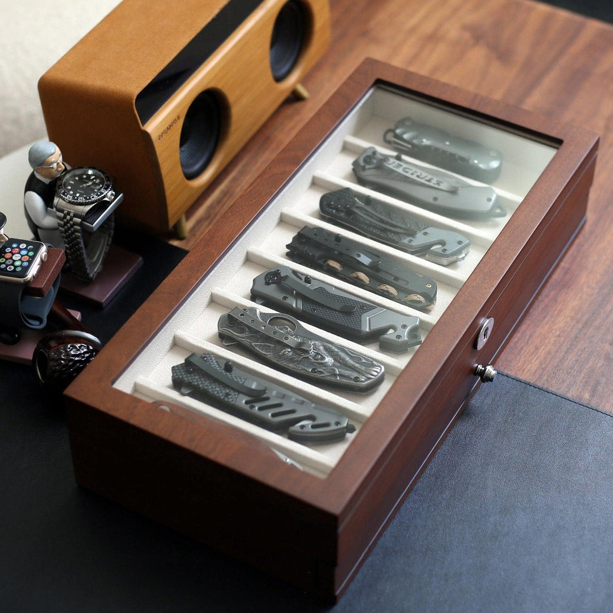 Pocket Knife Display Case for men collection holder 22-26 folding knife with Walnut Finish Three-Tier Knife organizer storage box with Real Glass Window Top (walnut veneer with 2 draw)