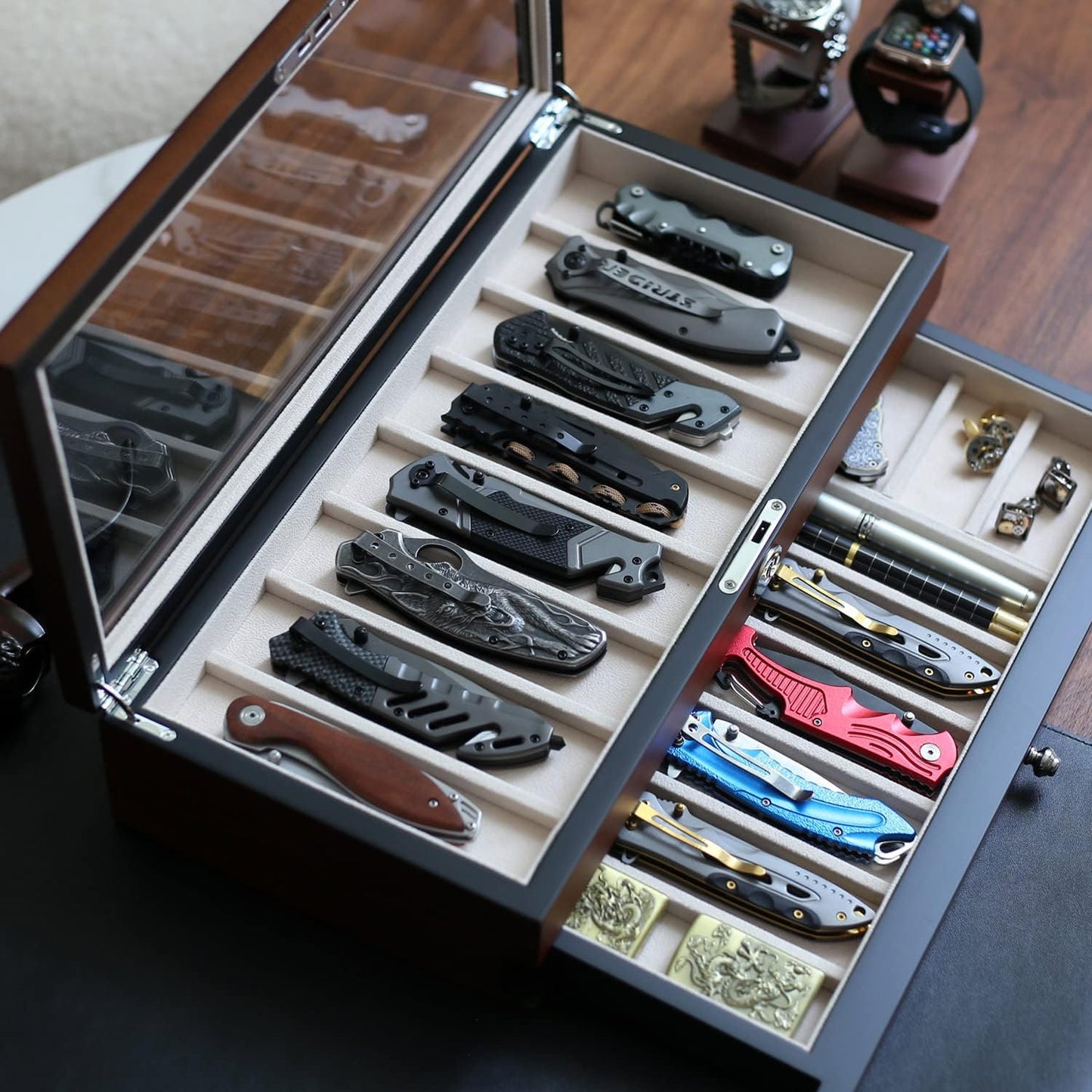 Pocket Knife Display Case for men collection holder 22-26 folding knife with Walnut Finish Three-Tier Knife organizer storage box with Real Glass Window Top (walnut veneer with 2 draw)