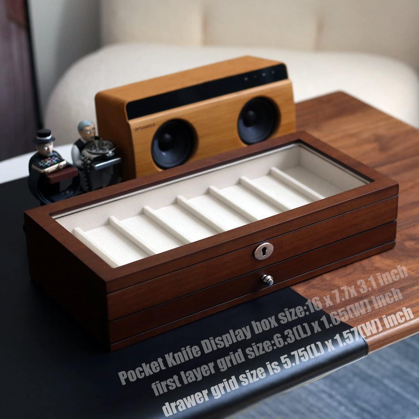 Pocket Knife Display Case for men collection holder 22-26 folding knife with Walnut Finish Three-Tier Knife organizer storage box with Real Glass Window Top (walnut veneer with 2 draw)