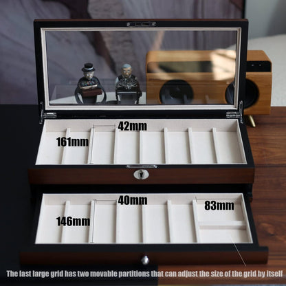Pocket Knife Display Case for men collection holder 22-26 folding knife with Walnut Finish Three-Tier Knife organizer storage box with Real Glass Window Top (walnut veneer with 2 draw)