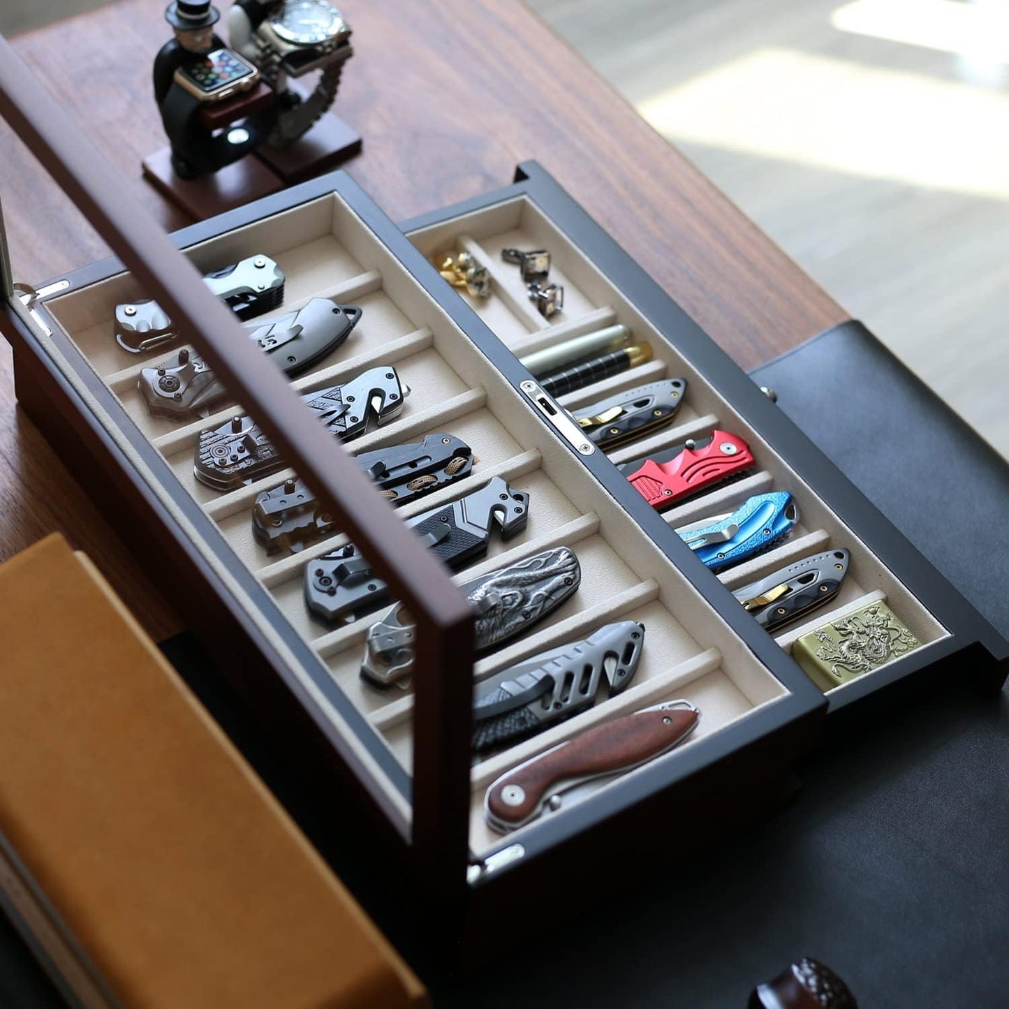 Pocket Knife Display Case for men collection holder 22-26 folding knife with Walnut Finish Three-Tier Knife organizer storage box with Real Glass Window Top (walnut veneer with 2 draw)