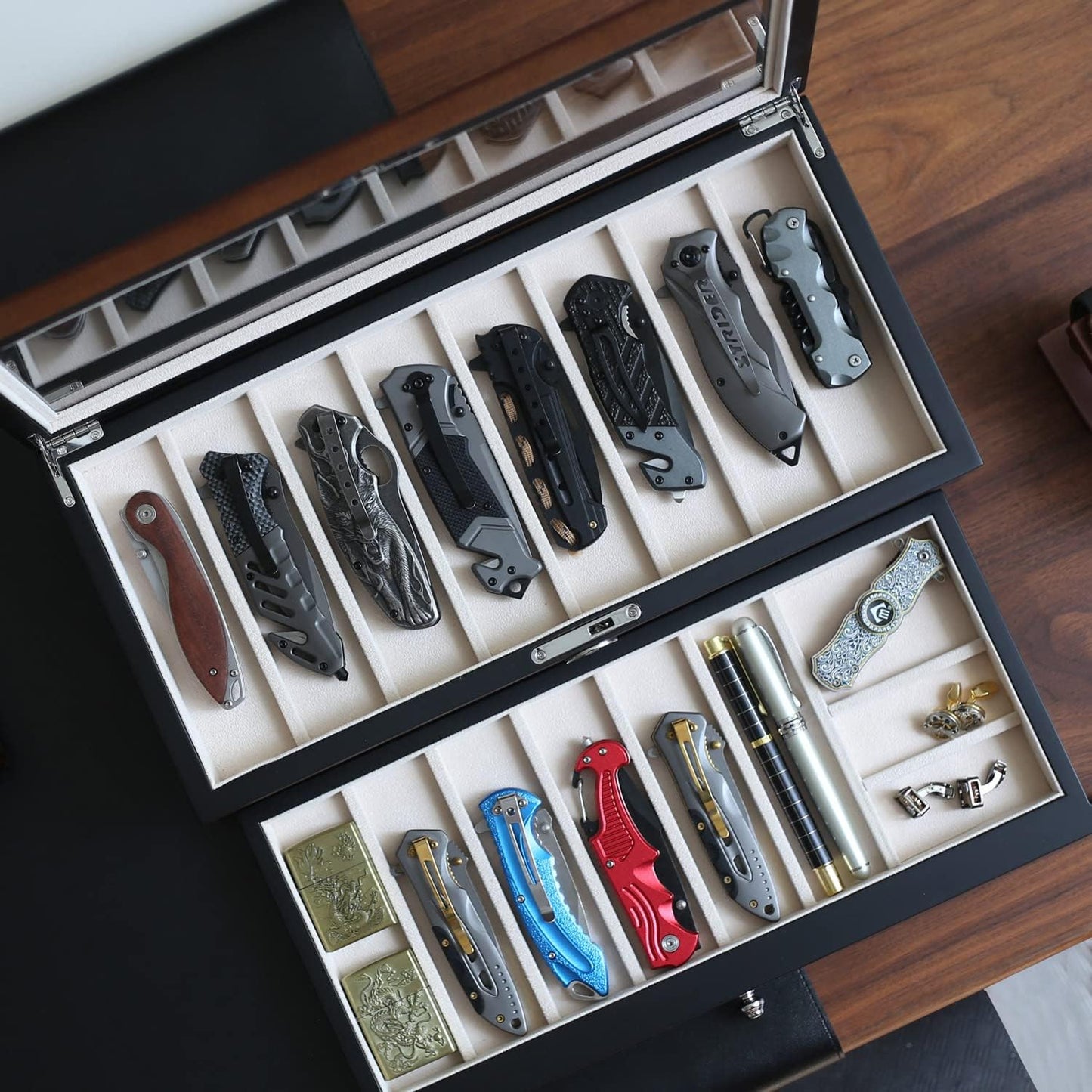 Pocket Knife Display Case for men collection holder 22-26 folding knife with Walnut Finish Three-Tier Knife organizer storage box with Real Glass Window Top (walnut veneer with 2 draw)
