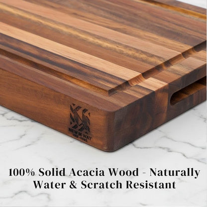 Premium Acacia Wood Butcher Block Cutting Board, 14" x 10" x 1.5" Thick Edge Grain with Deep Juice Groove, Solid Hardwood Serving Platter, Non-Toxic & BPA Free by New M Way