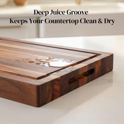 Premium Acacia Wood Butcher Block Cutting Board, 14" x 10" x 1.5" Thick Edge Grain with Deep Juice Groove, Solid Hardwood Serving Platter, Non-Toxic & BPA Free by New M Way