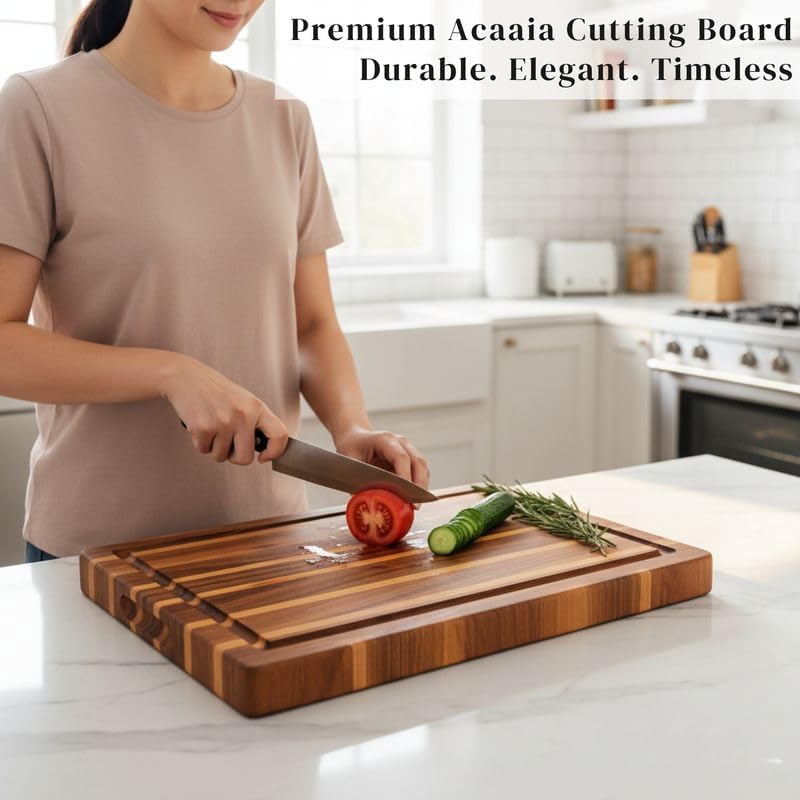 Premium Acacia Wood Butcher Block Cutting Board, 14" x 10" x 1.5" Thick Edge Grain with Deep Juice Groove, Solid Hardwood Serving Platter, Non-Toxic & BPA Free by New M Way