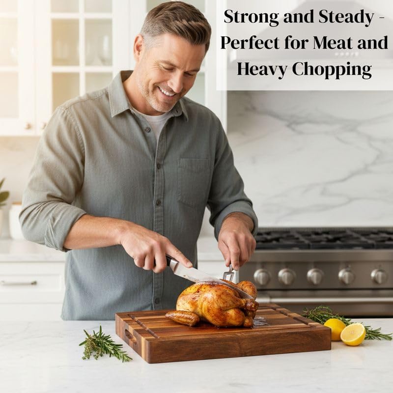 Premium Acacia Wood Butcher Block Cutting Board, 14" x 10" x 1.5" Thick Edge Grain with Deep Juice Groove, Solid Hardwood Serving Platter, Non-Toxic & BPA Free by New M Way