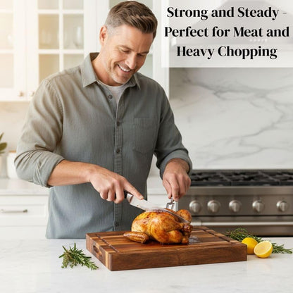 Premium Acacia Wood Butcher Block Cutting Board, 14" x 10" x 1.5" Thick Edge Grain with Deep Juice Groove, Solid Hardwood Serving Platter, Non-Toxic & BPA Free by New M Way