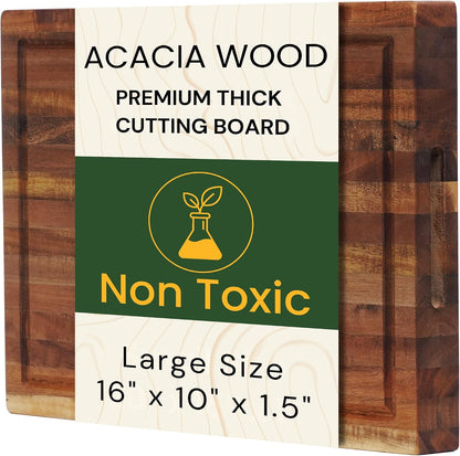 Premium Acacia Wood Butcher Block Cutting Board, 14" x 10" x 1.5" Thick Edge Grain with Deep Juice Groove, Solid Hardwood Serving Platter, Non-Toxic & BPA Free by New M Way