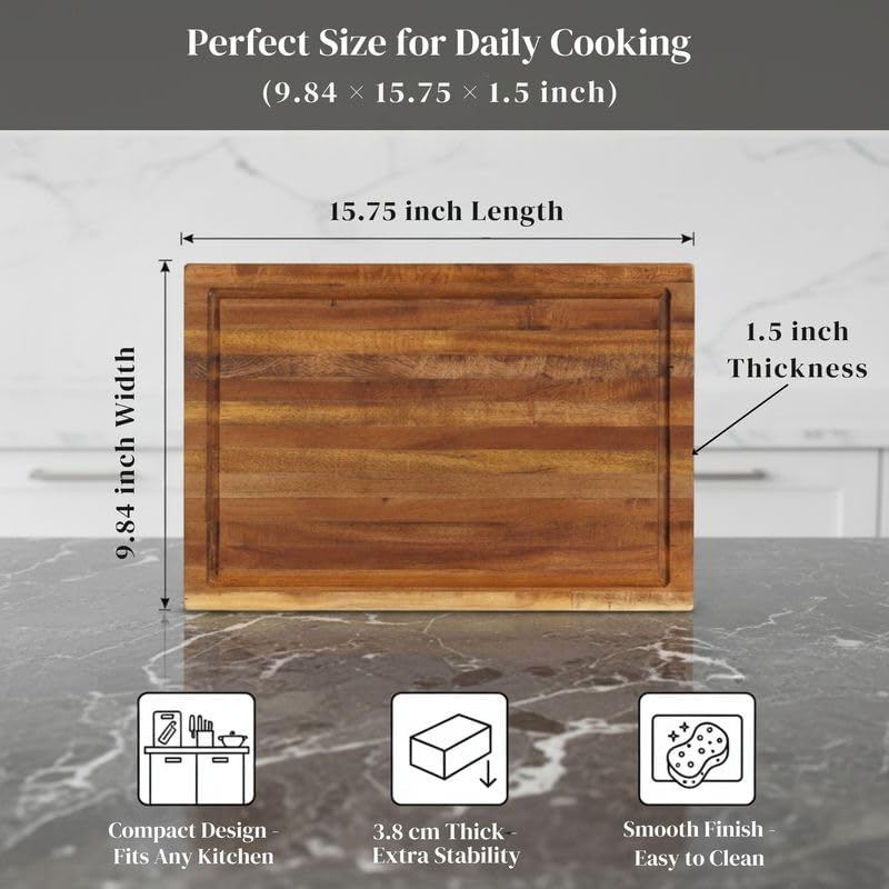 Premium Acacia Wood Butcher Block Cutting Board, 14" x 10" x 1.5" Thick Edge Grain with Deep Juice Groove, Solid Hardwood Serving Platter, Non-Toxic & BPA Free by New M Way