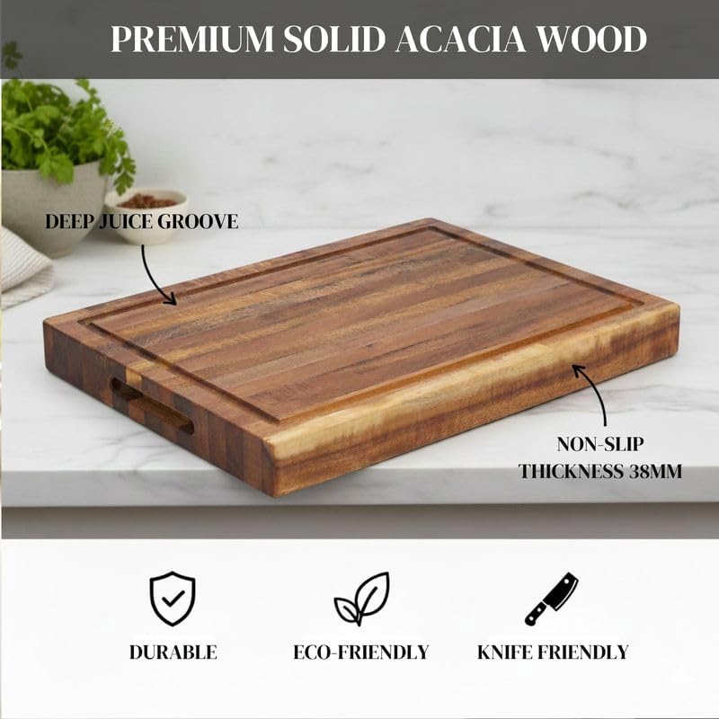 Premium Acacia Wood Butcher Block Cutting Board, 14" x 10" x 1.5" Thick Edge Grain with Deep Juice Groove, Solid Hardwood Serving Platter, Non-Toxic & BPA Free by New M Way