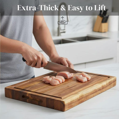 Premium Acacia Wood Butcher Block Cutting Board, 14" x 10" x 1.5" Thick Edge Grain with Deep Juice Groove, Solid Hardwood Serving Platter, Non-Toxic & BPA Free by New M Way
