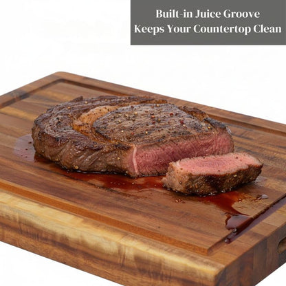 Premium Acacia Wood Butcher Block Cutting Board, 14" x 10" x 1.5" Thick Edge Grain with Deep Juice Groove, Solid Hardwood Serving Platter, Non-Toxic & BPA Free by New M Way
