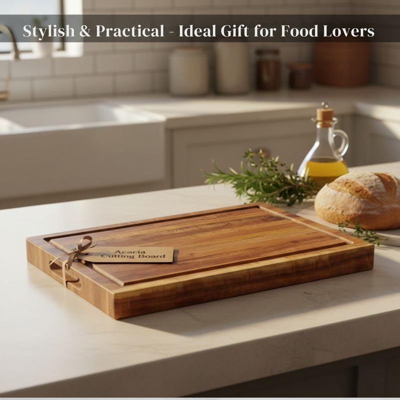 Premium Acacia Wood Butcher Block Cutting Board, 14" x 10" x 1.5" Thick Edge Grain with Deep Juice Groove, Solid Hardwood Serving Platter, Non-Toxic & BPA Free by New M Way