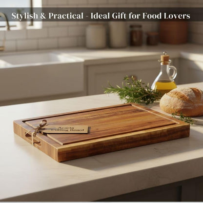 Premium Acacia Wood Butcher Block Cutting Board, 14" x 10" x 1.5" Thick Edge Grain with Deep Juice Groove, Solid Hardwood Serving Platter, Non-Toxic & BPA Free by New M Way