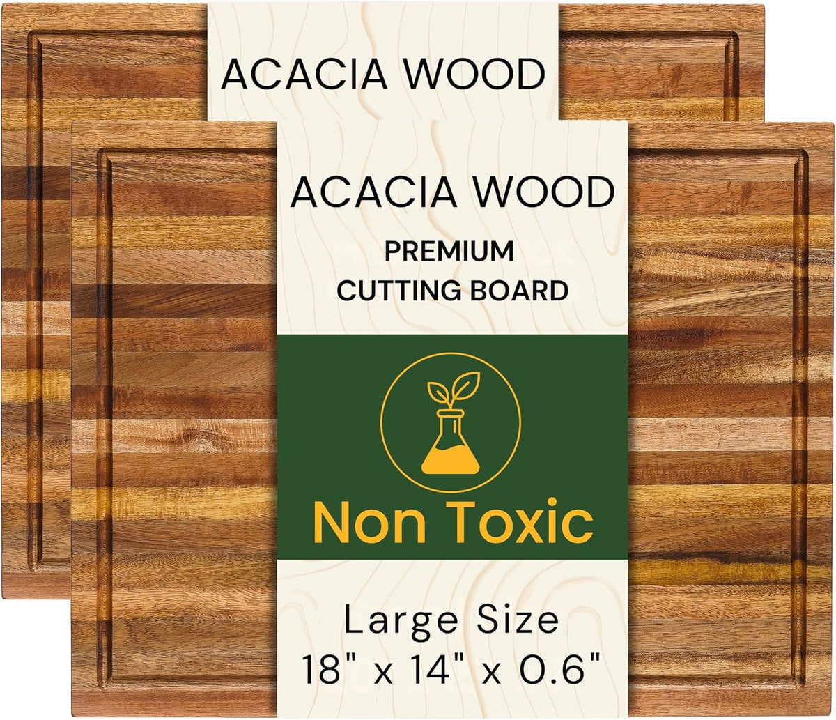 Premium Acacia Wood Butcher Block Cutting Board, 14" x 10" x 1.5" Thick Edge Grain with Deep Juice Groove, Solid Hardwood Serving Platter, Non-Toxic & BPA Free by New M Way