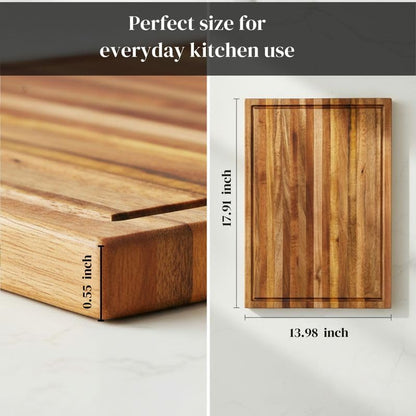 Premium Acacia Wood Butcher Block Cutting Board, 14" x 10" x 1.5" Thick Edge Grain with Deep Juice Groove, Solid Hardwood Serving Platter, Non-Toxic & BPA Free by New M Way