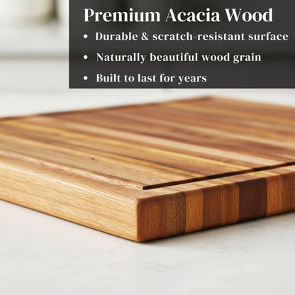 Premium Acacia Wood Butcher Block Cutting Board, 14" x 10" x 1.5" Thick Edge Grain with Deep Juice Groove, Solid Hardwood Serving Platter, Non-Toxic & BPA Free by New M Way