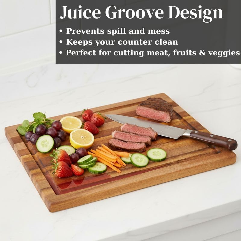 Premium Acacia Wood Butcher Block Cutting Board, 14" x 10" x 1.5" Thick Edge Grain with Deep Juice Groove, Solid Hardwood Serving Platter, Non-Toxic & BPA Free by New M Way