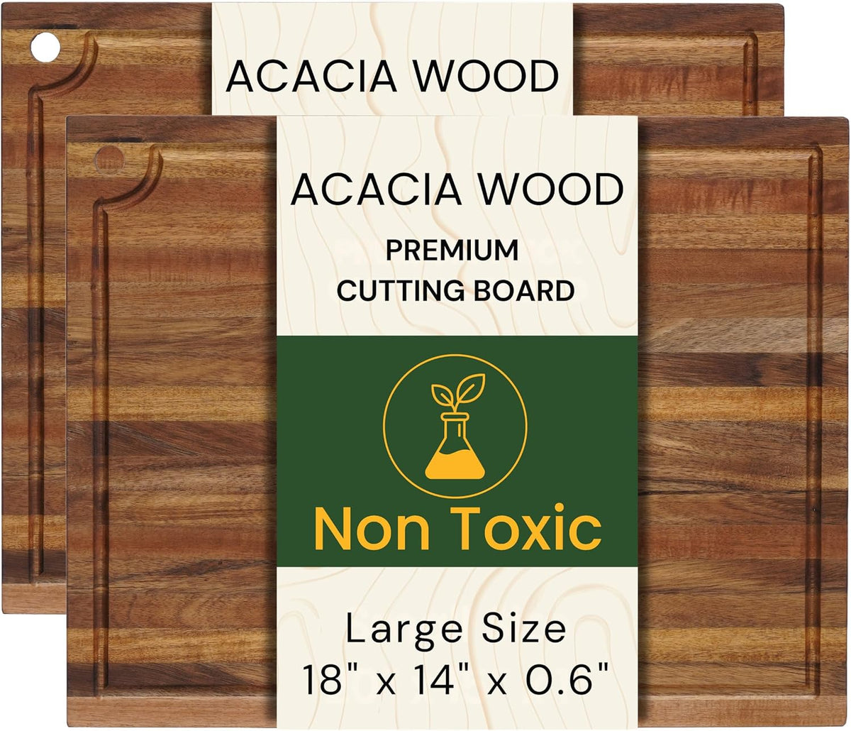 Premium Acacia Wood Butcher Block Cutting Board, 14" x 10" x 1.5" Thick Edge Grain with Deep Juice Groove, Solid Hardwood Serving Platter, Non-Toxic & BPA Free by New M Way