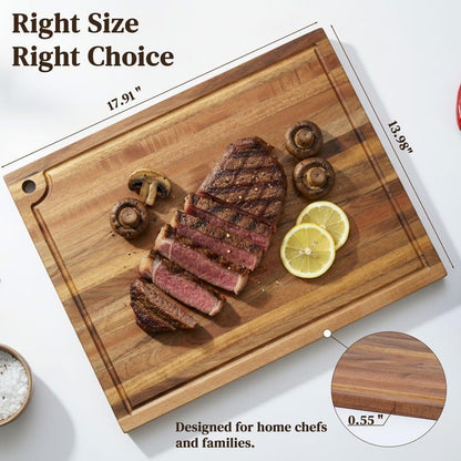 Premium Acacia Wood Butcher Block Cutting Board, 14" x 10" x 1.5" Thick Edge Grain with Deep Juice Groove, Solid Hardwood Serving Platter, Non-Toxic & BPA Free by New M Way